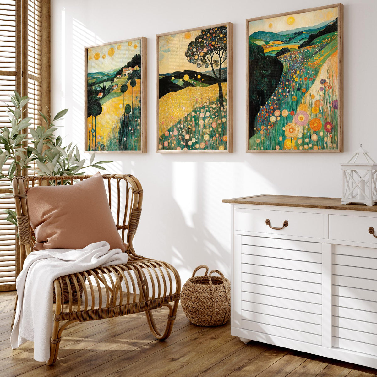 Set of Three Klimt Style Landscape Art Prints - 3 Golden Hills Flower Meadow Paintings - Poster Wall Art Gift Tuscany Trees Sun Decor