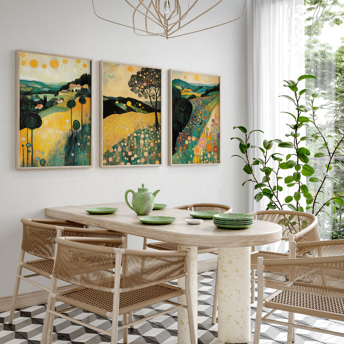 Set of Three Klimt Style Landscape Art Prints - 3 Golden Hills Flower Meadow Paintings - Poster Wall Art Gift Tuscany Trees Sun Decor