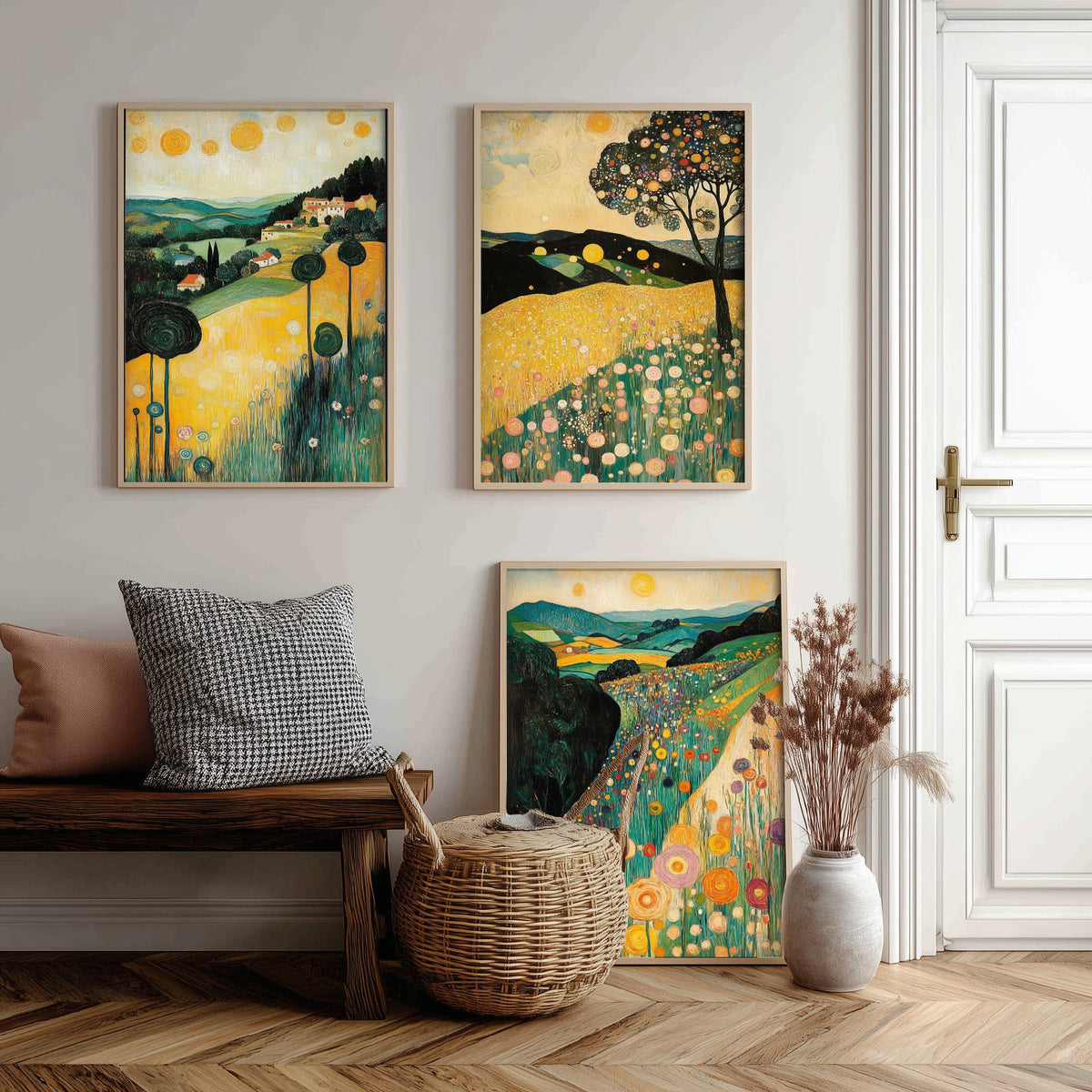 Set of Three Klimt Style Landscape Art Prints - 3 Golden Hills Flower Meadow Paintings - Poster Wall Art Gift Tuscany Trees Sun Decor