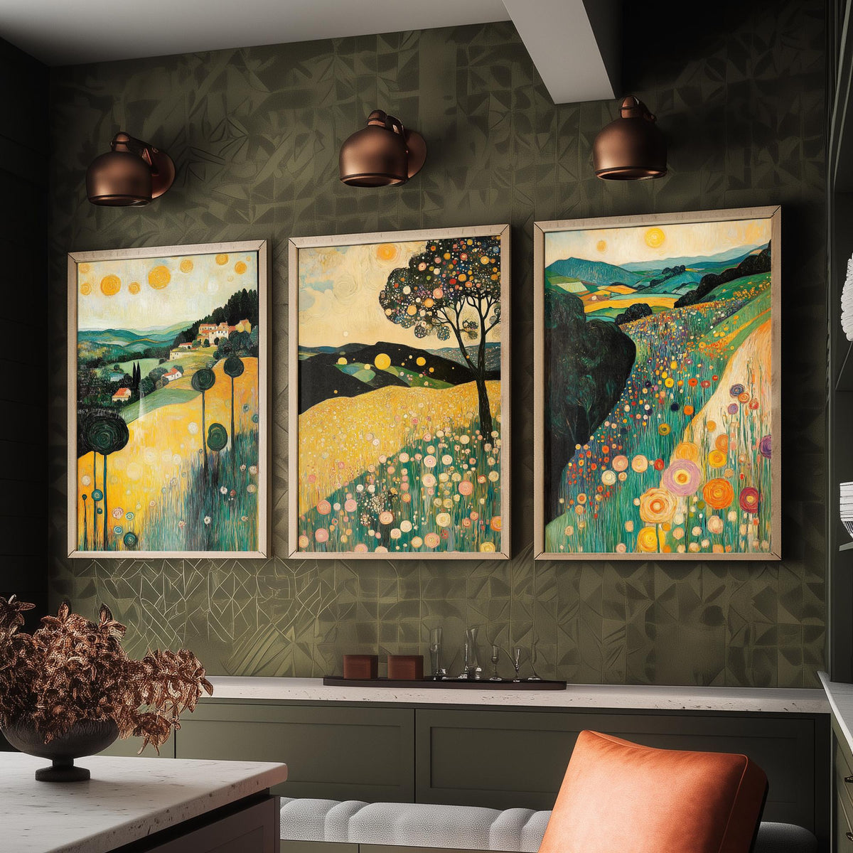 Set of Three Klimt Style Landscape Art Prints - 3 Golden Hills Flower Meadow Paintings - Poster Wall Art Gift Tuscany Trees Sun Decor