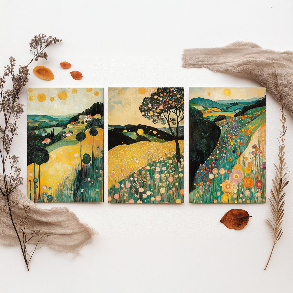 Set of Three Klimt Style Landscape Art Prints - 3 Golden Hills Flower Meadow Paintings - Poster Wall Art Gift Tuscany Trees Sun Decor