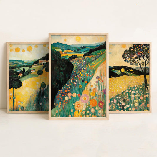 Set of Three Klimt Style Landscape Art Prints - 3 Golden Hills Flower Meadow Paintings - Poster Wall Art Gift Tuscany Trees Sun Decor