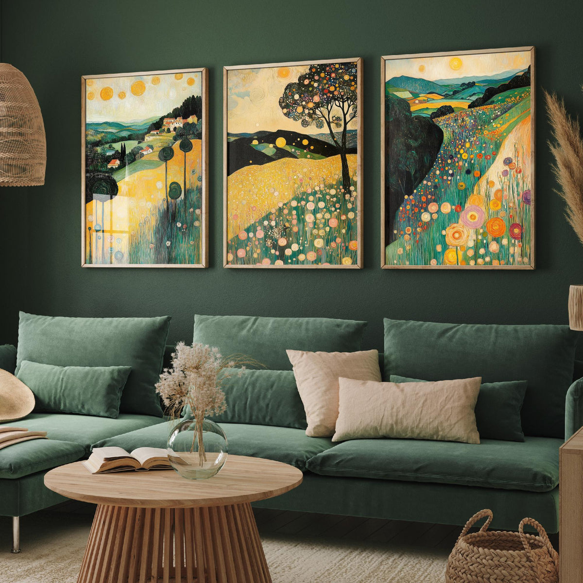 Set of Three Klimt Style Landscape Art Prints - 3 Golden Hills Flower Meadow Paintings - Poster Wall Art Gift Tuscany Trees Sun Decor