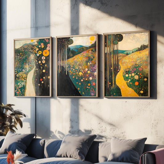 Set of Three Klimt Style Flower Field Prints - 3 Vintage Meadow Path Paintings - Poster Wall Art Gift Wildflower Hills Golden Panorama Decor