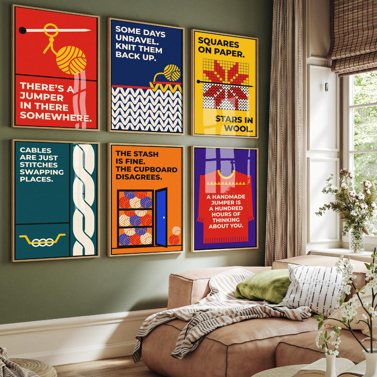 Set of Six Knitting Quote Art Prints - 6 Bauhaus Knitter Posters - Minimalist Craft Illustration - Yarn, Fair Isle, Cables