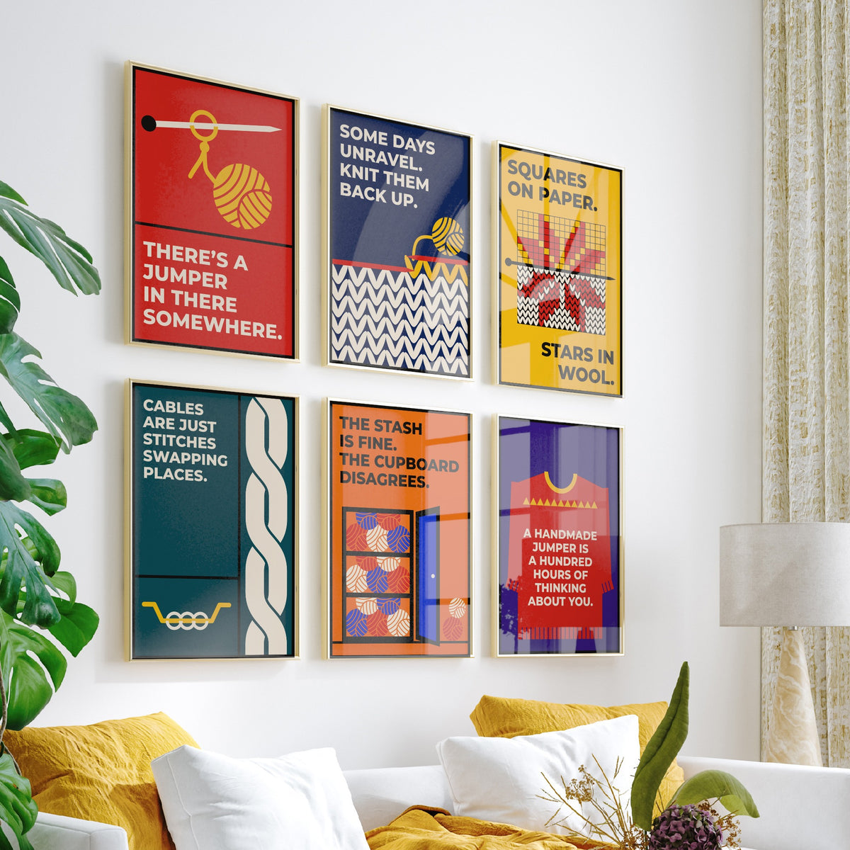 Set of Six Knitting Quote Art Prints - 6 Bauhaus Knitter Posters - Minimalist Craft Illustration - Yarn, Fair Isle, Cables