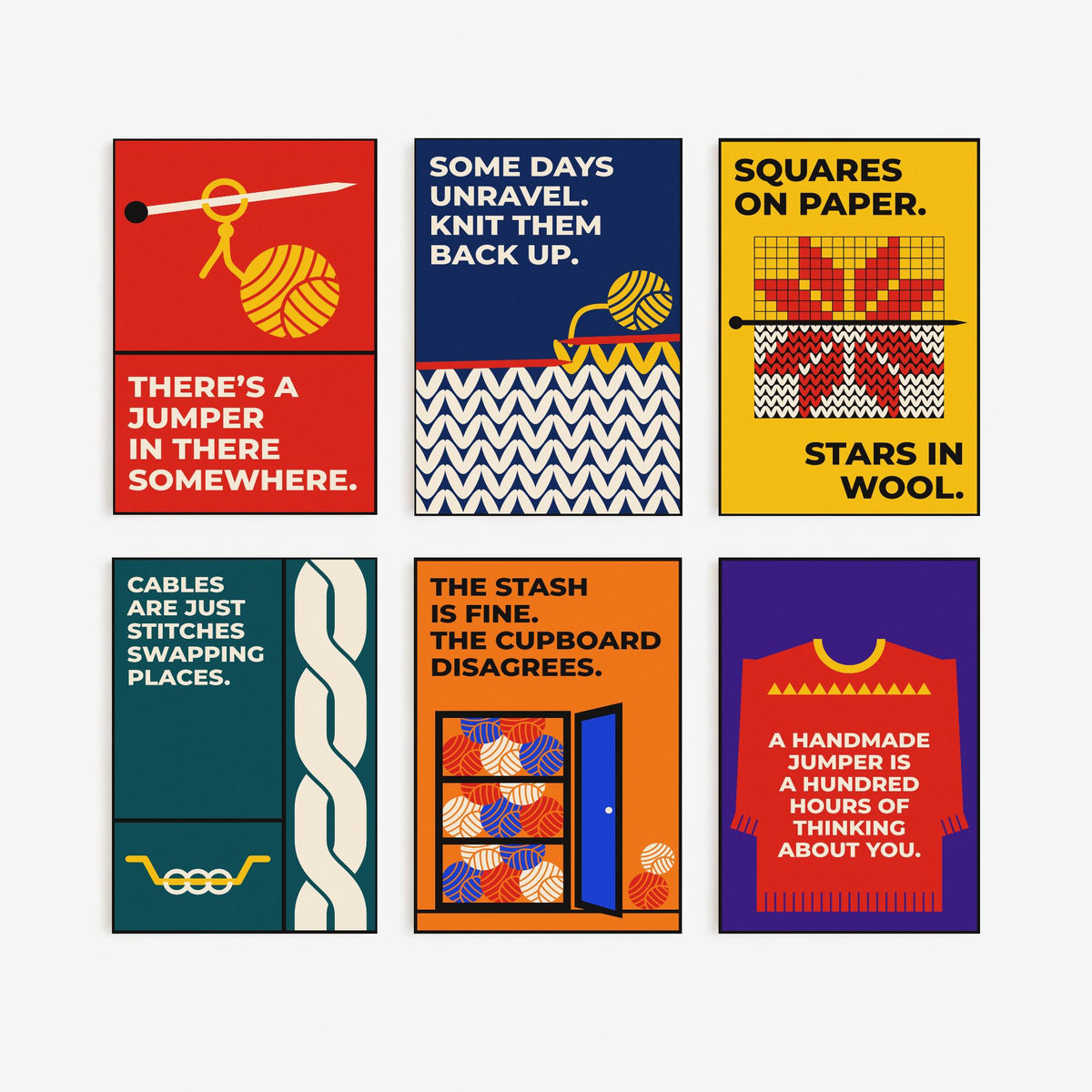 Set of Six Knitting Quote Art Prints - 6 Bauhaus Knitter Posters - Minimalist Craft Illustration - Yarn, Fair Isle, Cables