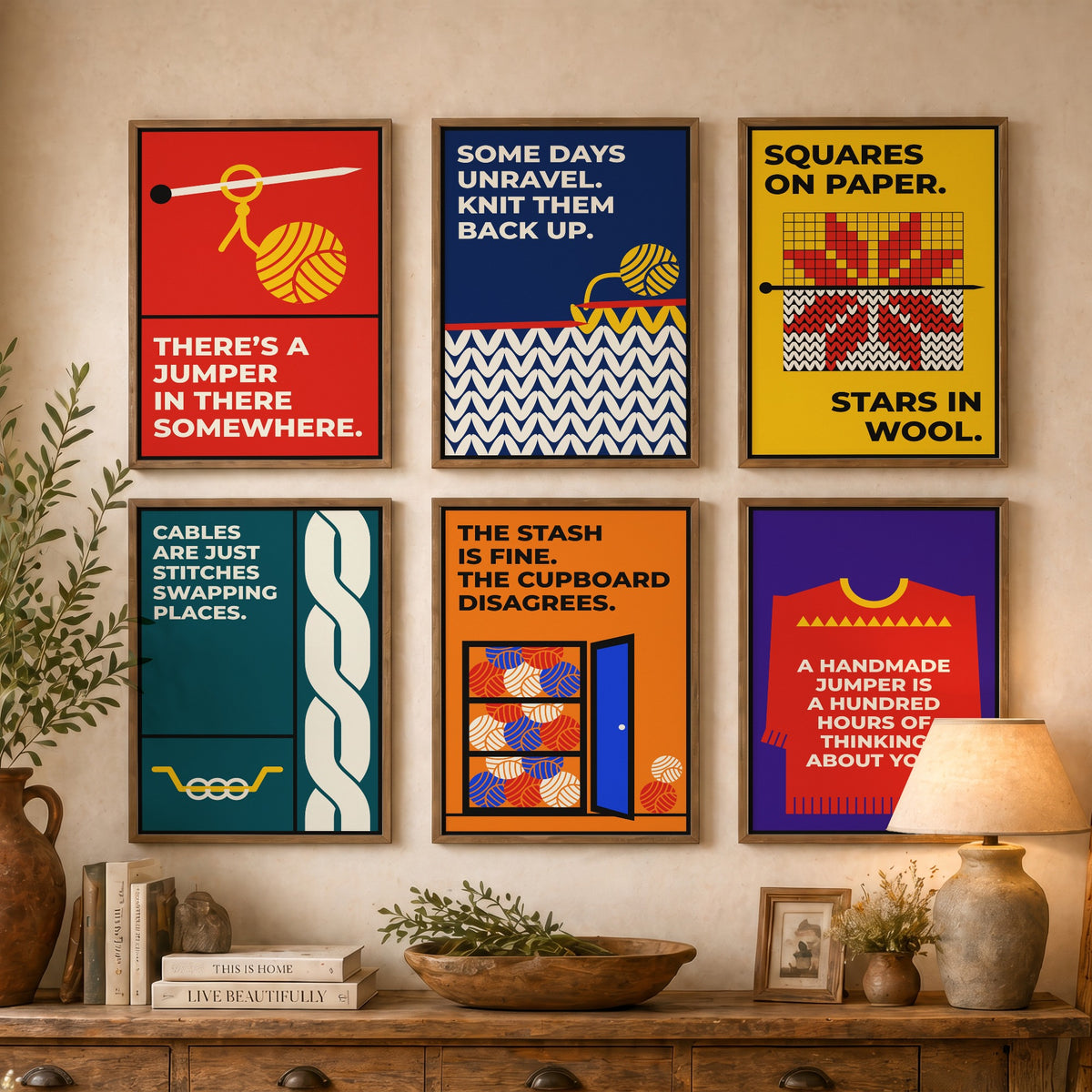 Set of Six Knitting Quote Art Prints - 6 Bauhaus Knitter Posters - Minimalist Craft Illustration - Yarn, Fair Isle, Cables