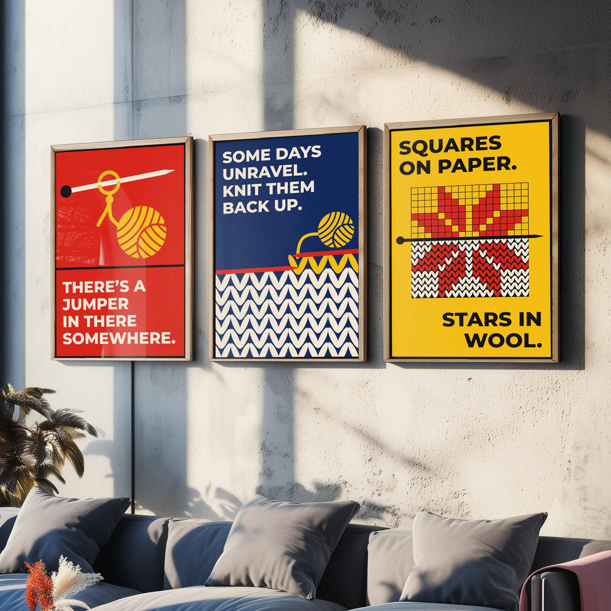 Knitting Quotes Set of Three Art Prints - 3 Bauhaus Knitter Posters - Minimalist Craft Wall Art Illustration V1