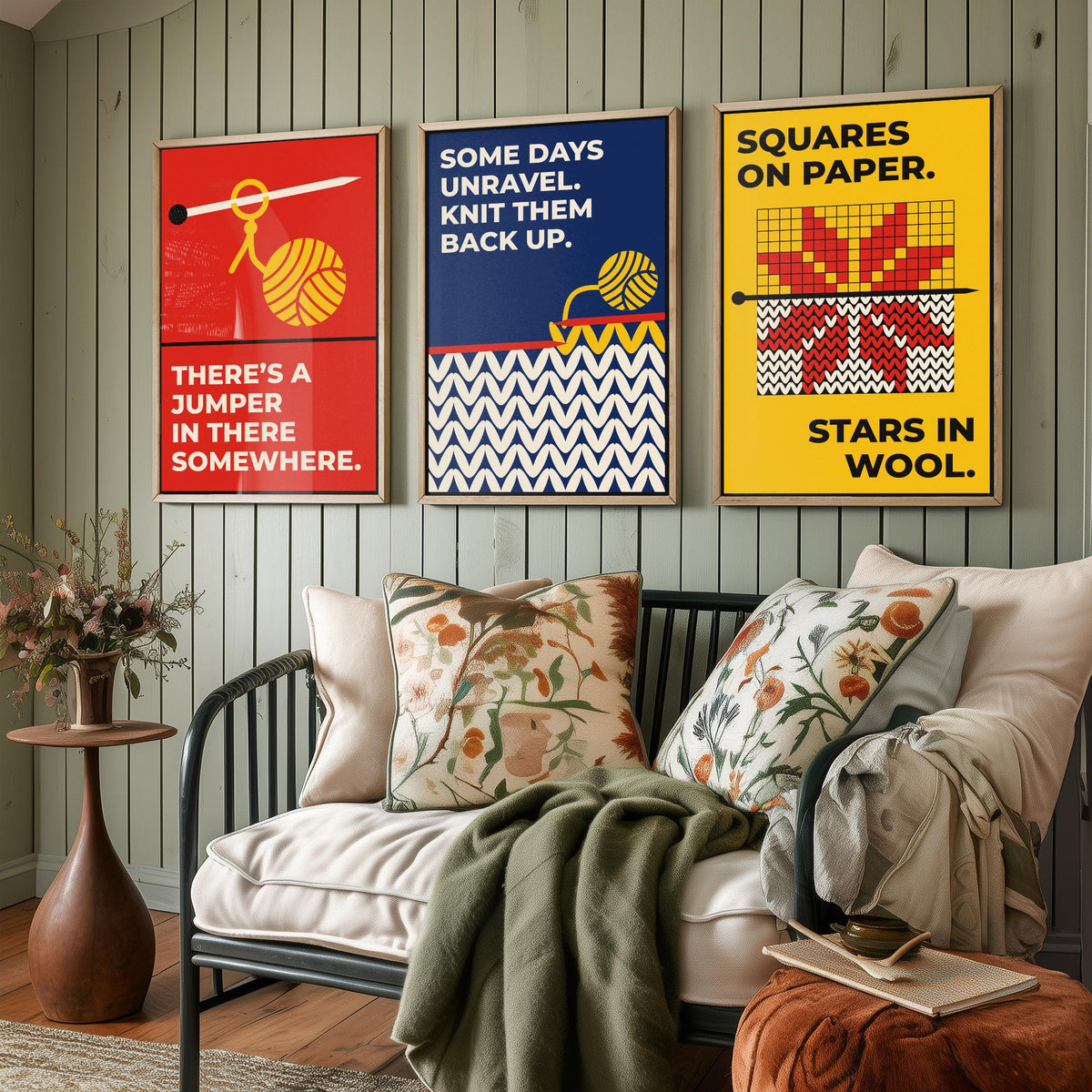 Knitting Quotes Set of Three Art Prints - 3 Bauhaus Knitter Posters - Minimalist Craft Wall Art Illustration V1