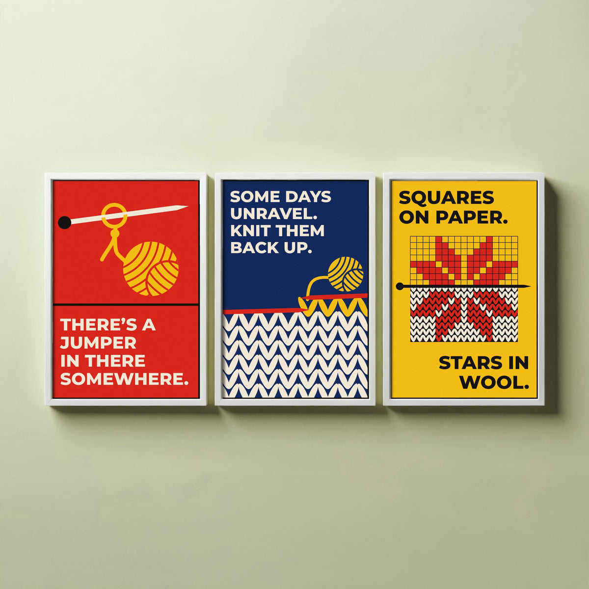 Knitting Quotes Set of Three Art Prints - 3 Bauhaus Knitter Posters - Minimalist Craft Wall Art Illustration V1