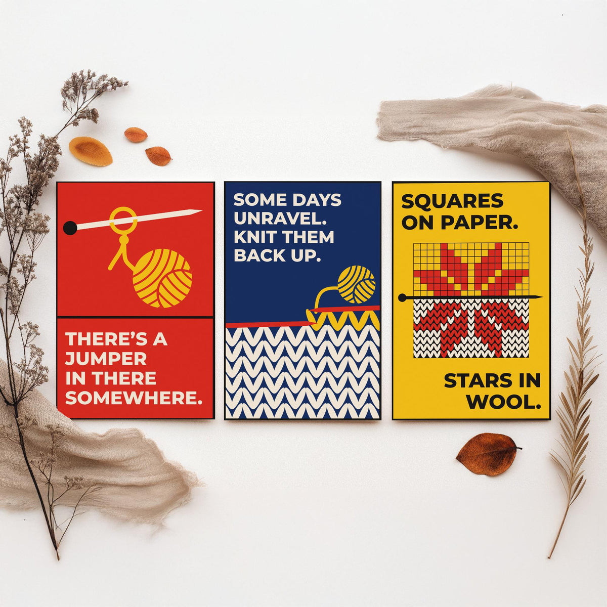 Knitting Quotes Set of Three Art Prints - 3 Bauhaus Knitter Posters - Minimalist Craft Wall Art Illustration V1