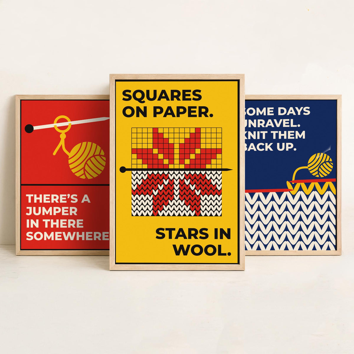 Knitting Quotes Set of Three Art Prints - 3 Bauhaus Knitter Posters - Minimalist Craft Wall Art Illustration V1