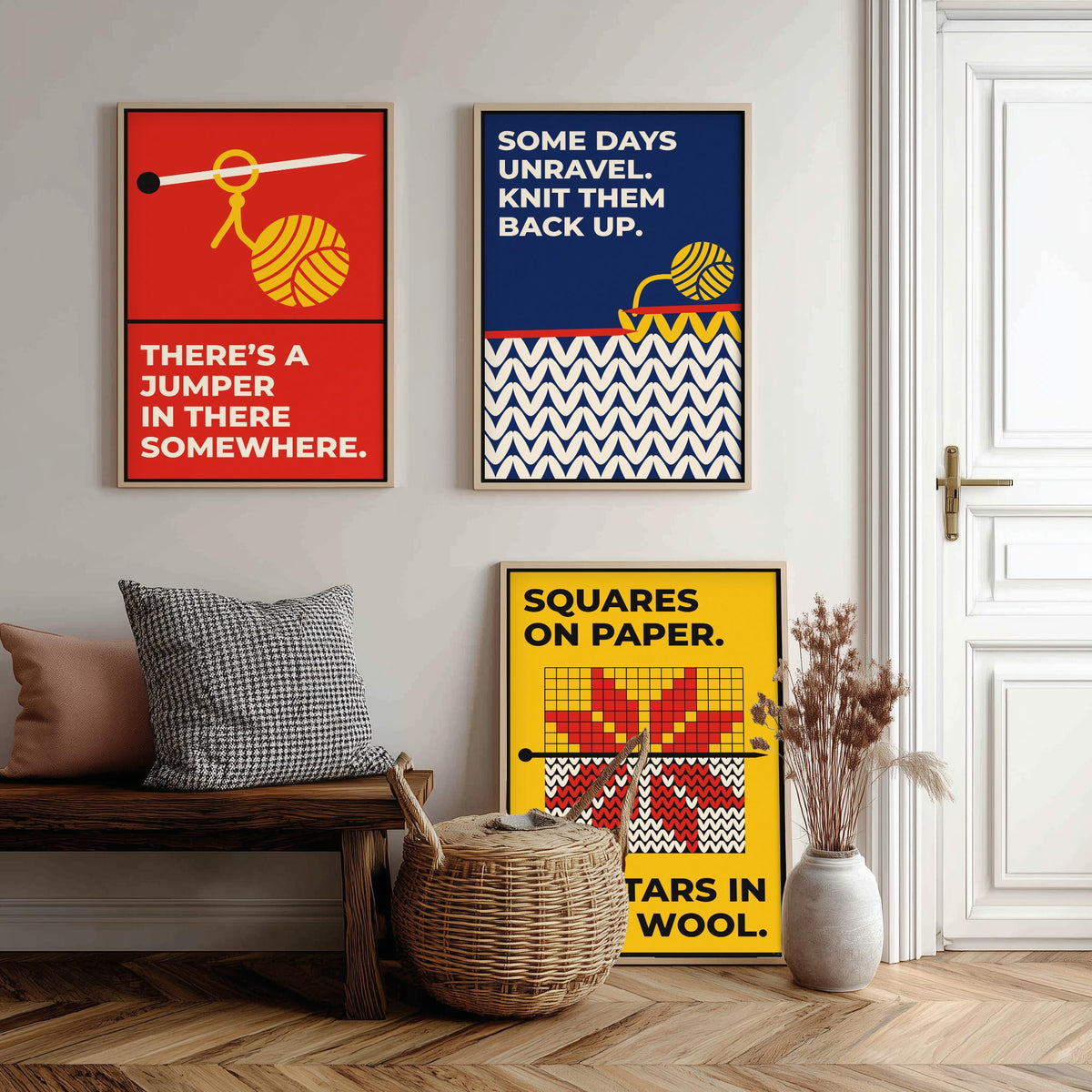 Knitting Quotes Set of Three Art Prints - 3 Bauhaus Knitter Posters - Minimalist Craft Wall Art Illustration V1