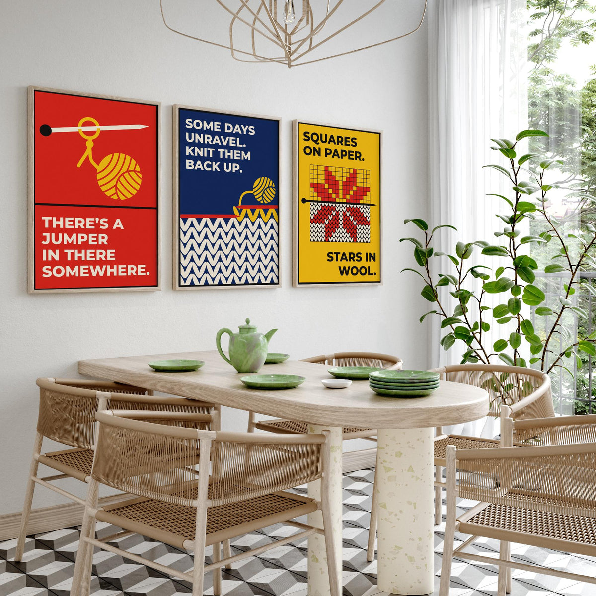 Knitting Quotes Set of Three Art Prints - 3 Bauhaus Knitter Posters - Minimalist Craft Wall Art Illustration V1