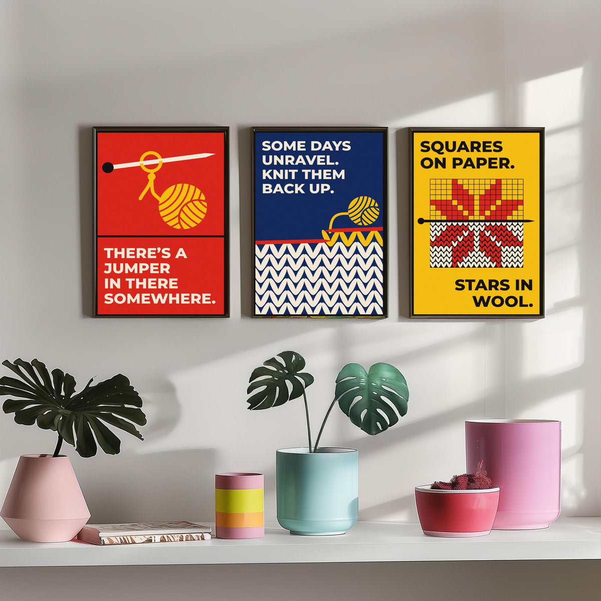 Knitting Quotes Set of Three Art Prints - 3 Bauhaus Knitter Posters - Minimalist Craft Wall Art Illustration V1