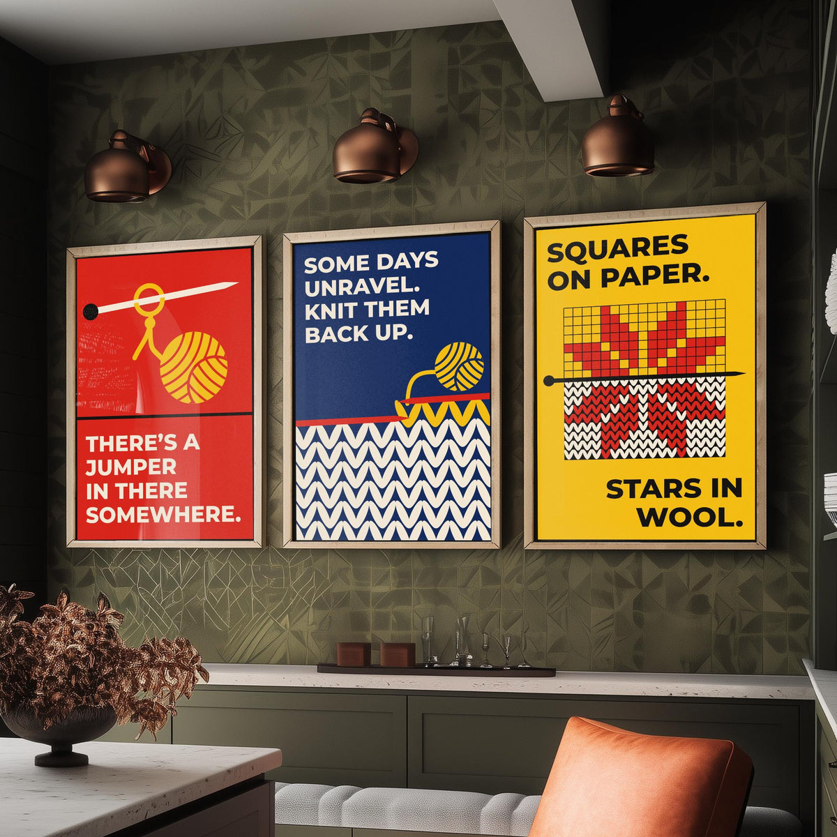 Knitting Quotes Set of Three Art Prints - 3 Bauhaus Knitter Posters - Minimalist Craft Wall Art Illustration V1