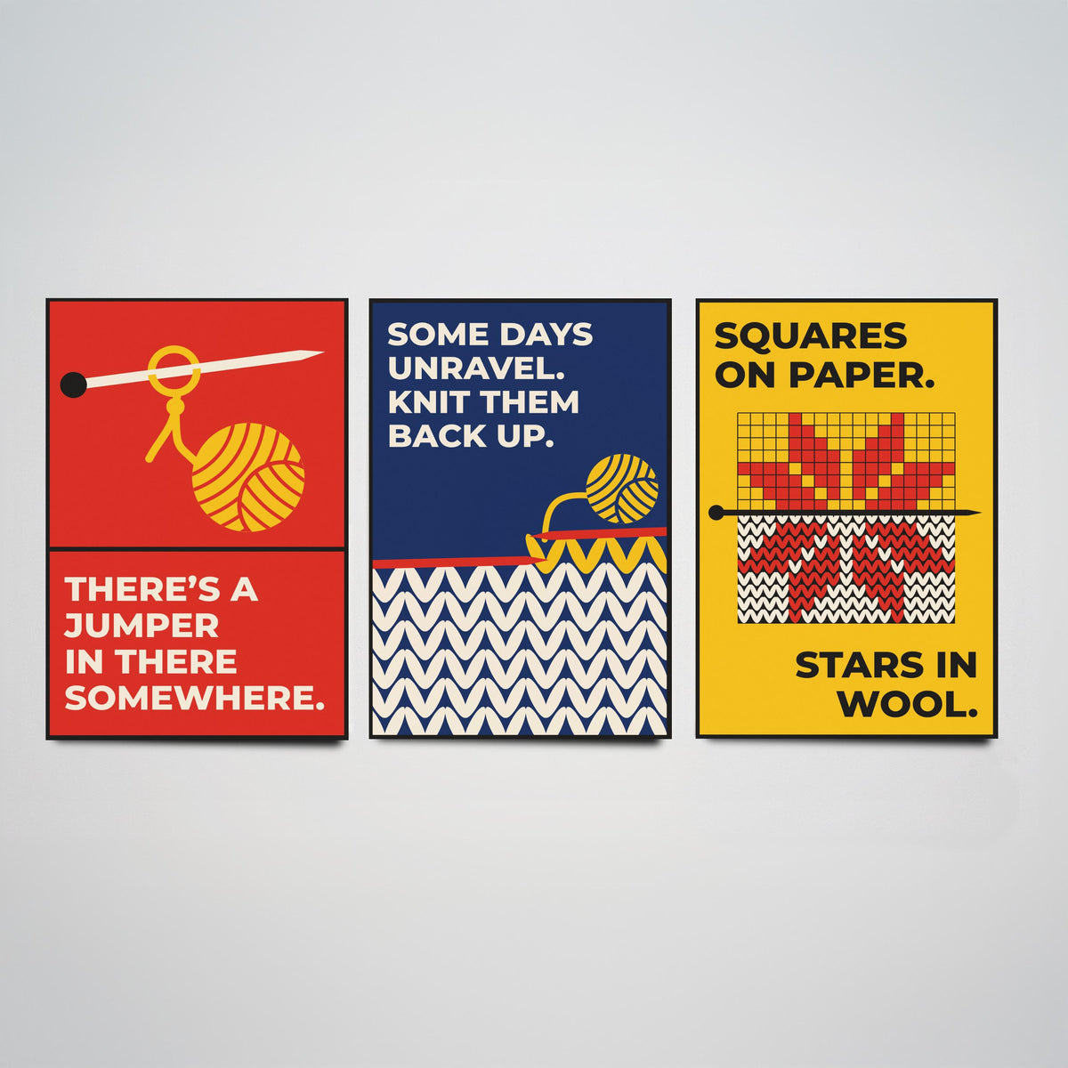 Knitting Quotes Set of Three Art Prints - 3 Bauhaus Knitter Posters - Minimalist Craft Wall Art Illustration V1
