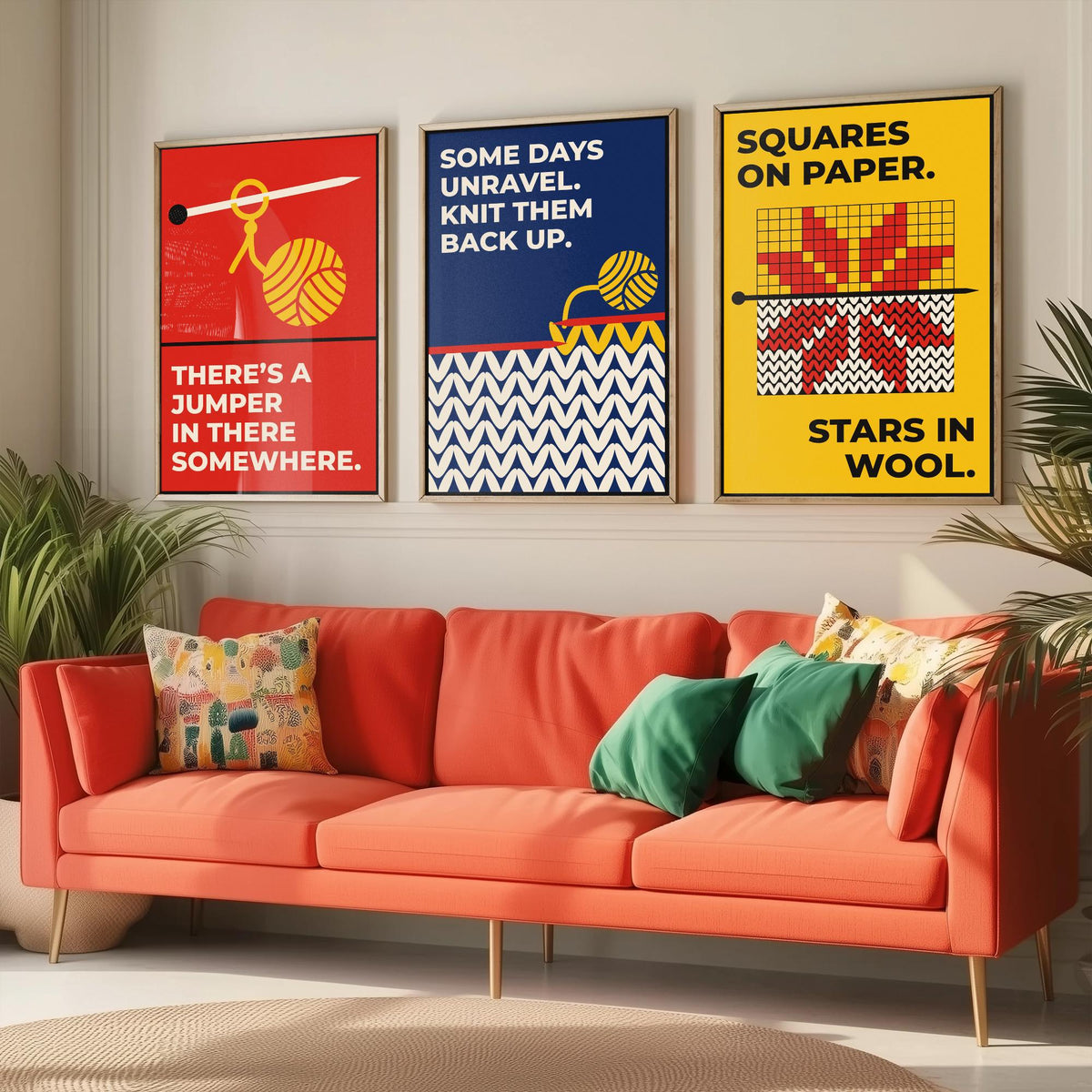 Knitting Quotes Set of Three Art Prints - 3 Bauhaus Knitter Posters - Minimalist Craft Wall Art Illustration V1