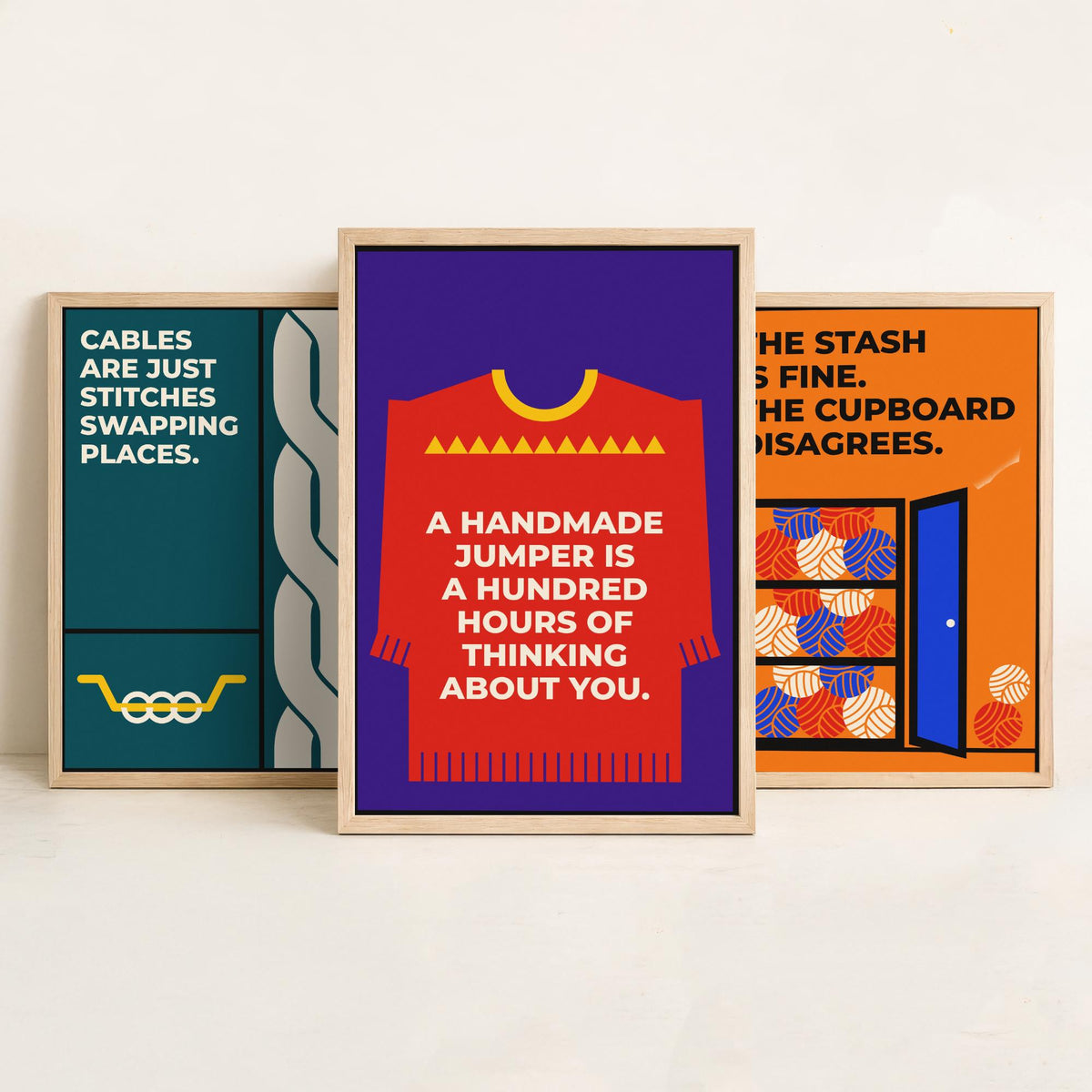 Knitting Quotes Set of Three Art Prints - 3 Retro Bauhaus Knitter Posters - Minimalist Craft Wall Art Illustration V2