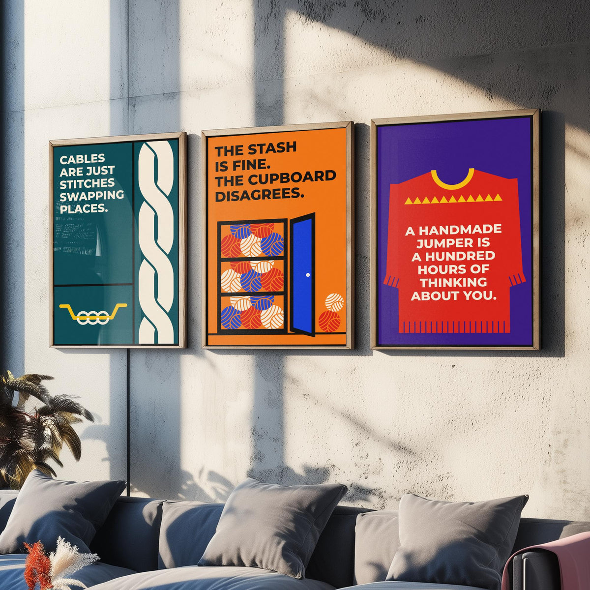 Knitting Quotes Set of Three Art Prints - 3 Retro Bauhaus Knitter Posters - Minimalist Craft Wall Art Illustration V2