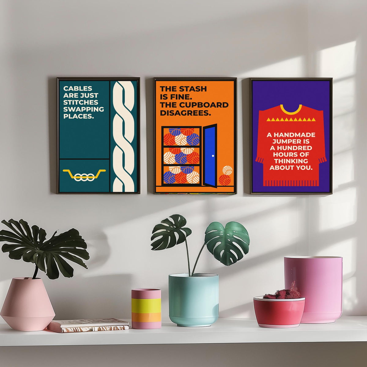 Knitting Quotes Set of Three Art Prints - 3 Retro Bauhaus Knitter Posters - Minimalist Craft Wall Art Illustration V2