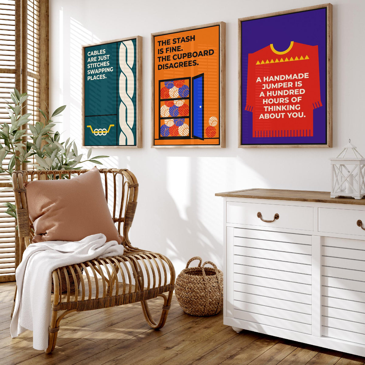 Knitting Quotes Set of Three Art Prints - 3 Retro Bauhaus Knitter Posters - Minimalist Craft Wall Art Illustration V2