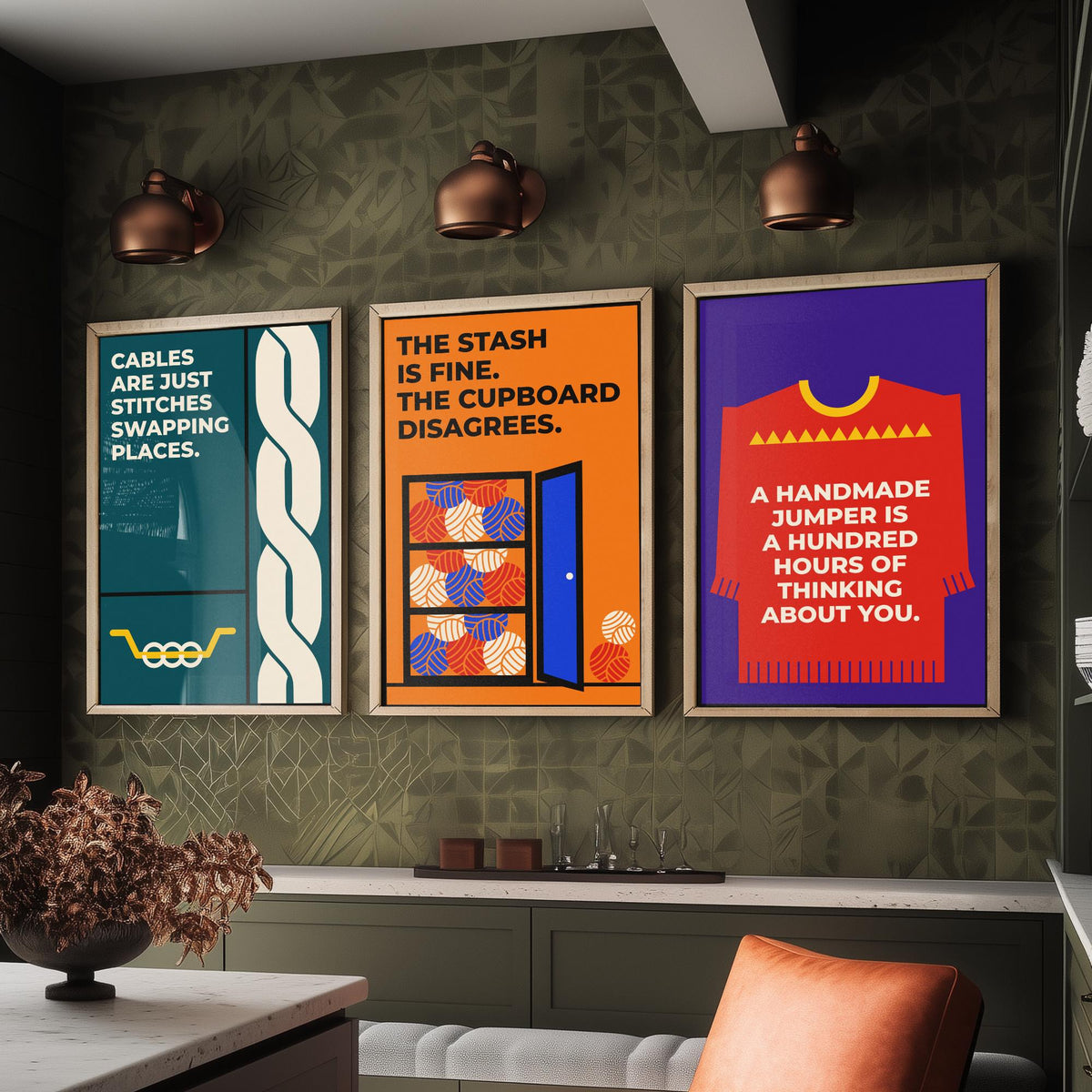 Knitting Quotes Set of Three Art Prints - 3 Retro Bauhaus Knitter Posters - Minimalist Craft Wall Art Illustration V2