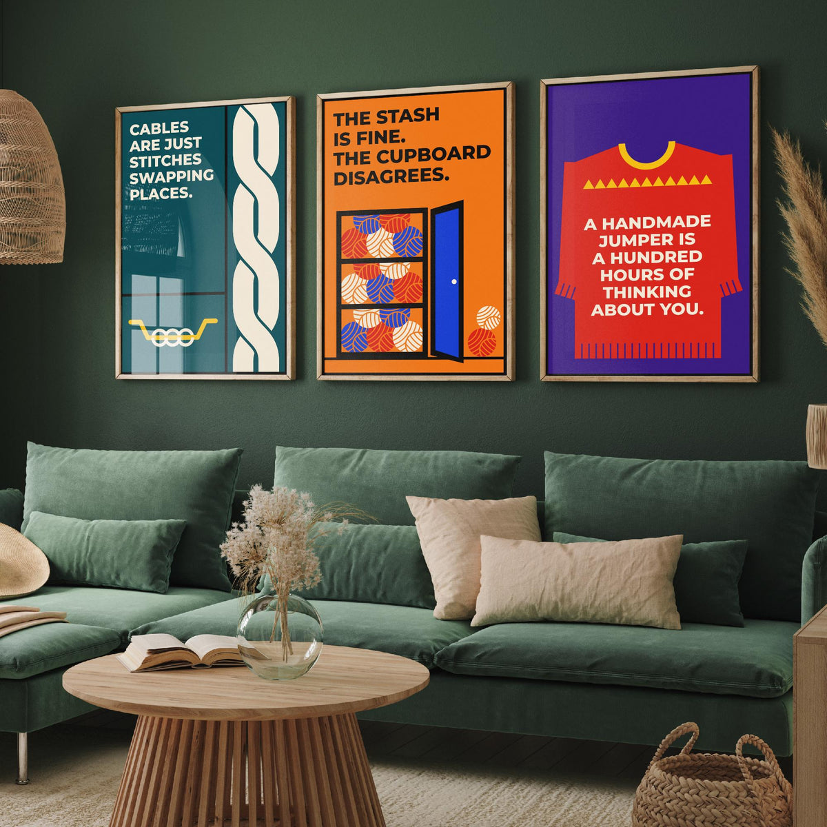 Knitting Quotes Set of Three Art Prints - 3 Retro Bauhaus Knitter Posters - Minimalist Craft Wall Art Illustration V2