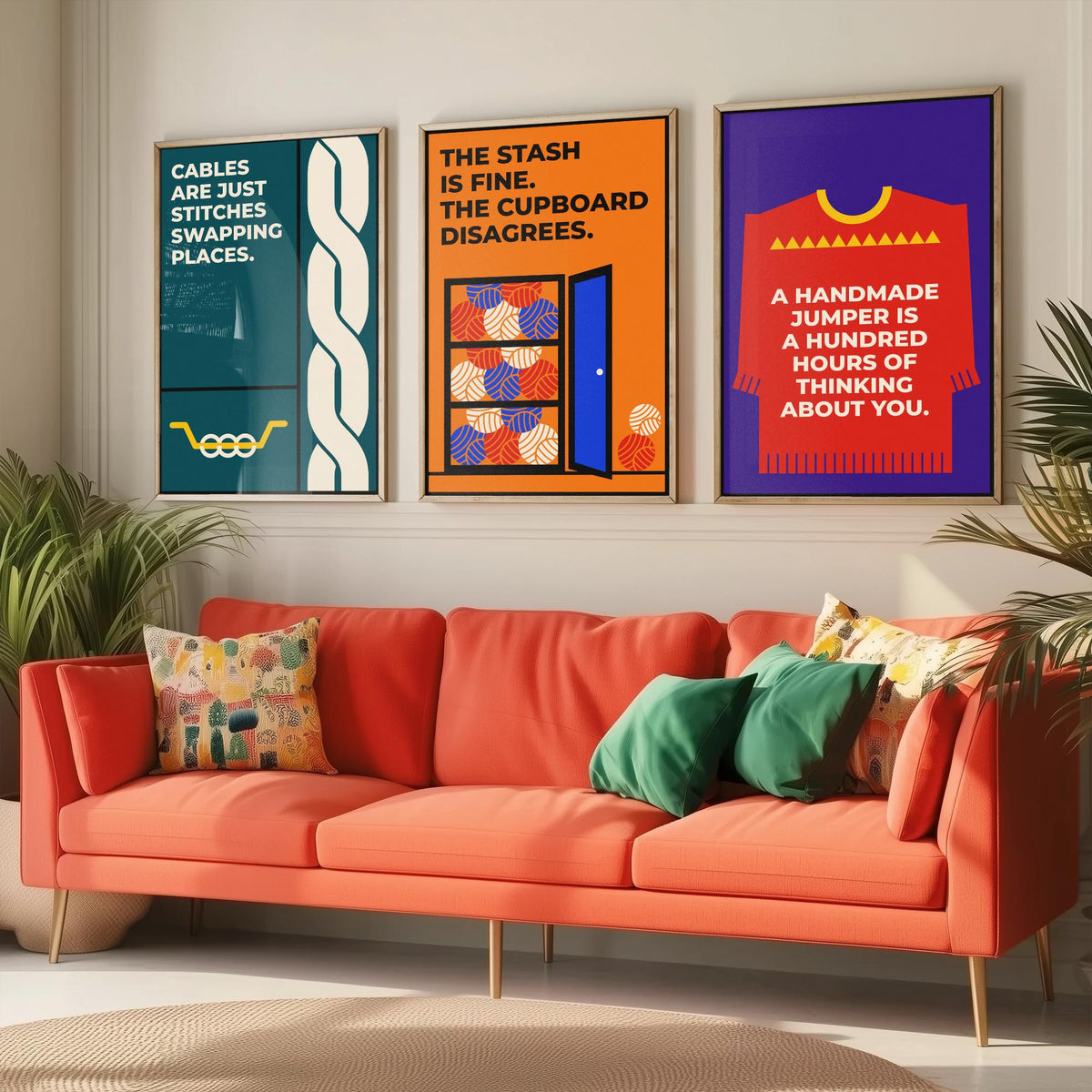 Knitting Quotes Set of Three Art Prints - 3 Retro Bauhaus Knitter Posters - Minimalist Craft Wall Art Illustration V2