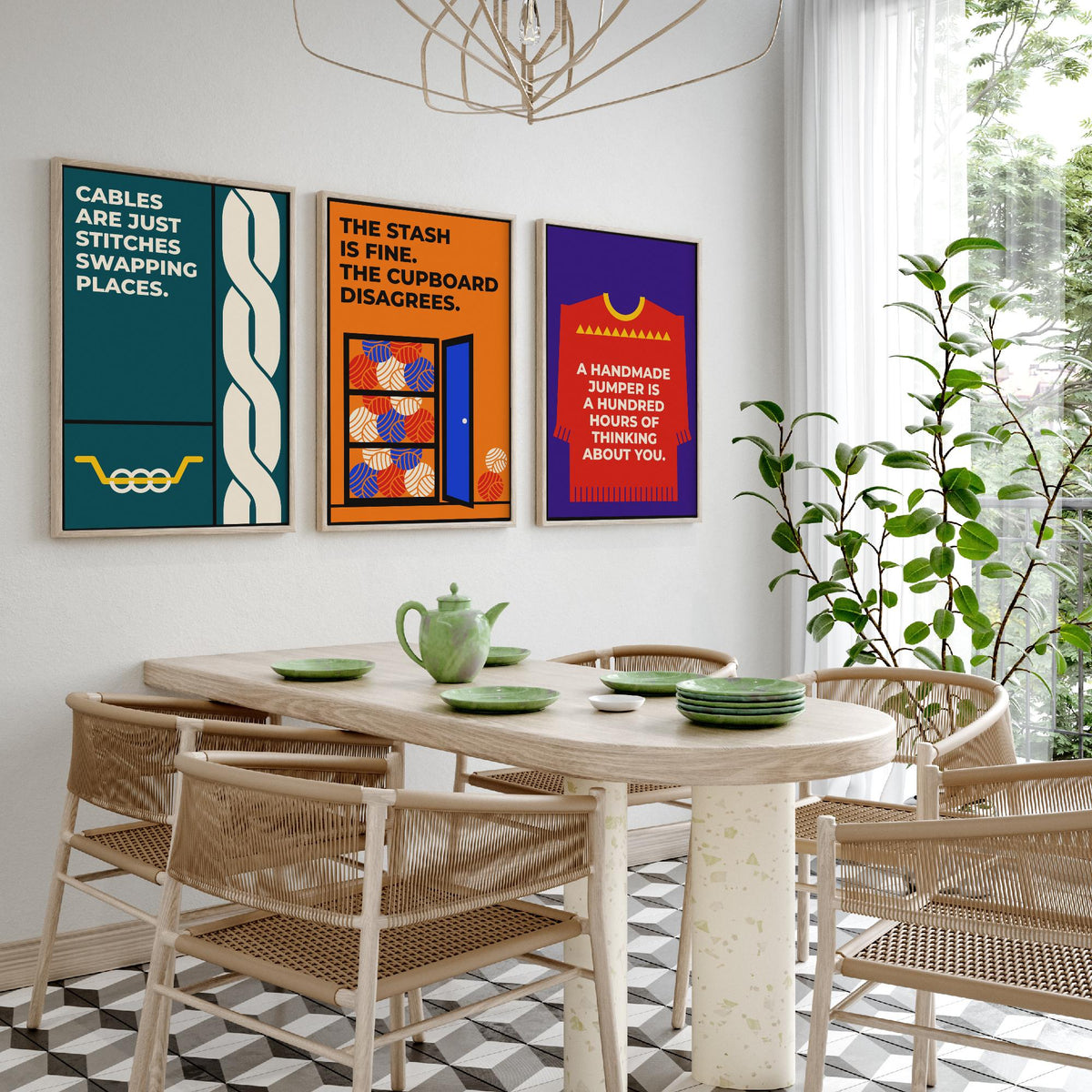 Knitting Quotes Set of Three Art Prints - 3 Retro Bauhaus Knitter Posters - Minimalist Craft Wall Art Illustration V2