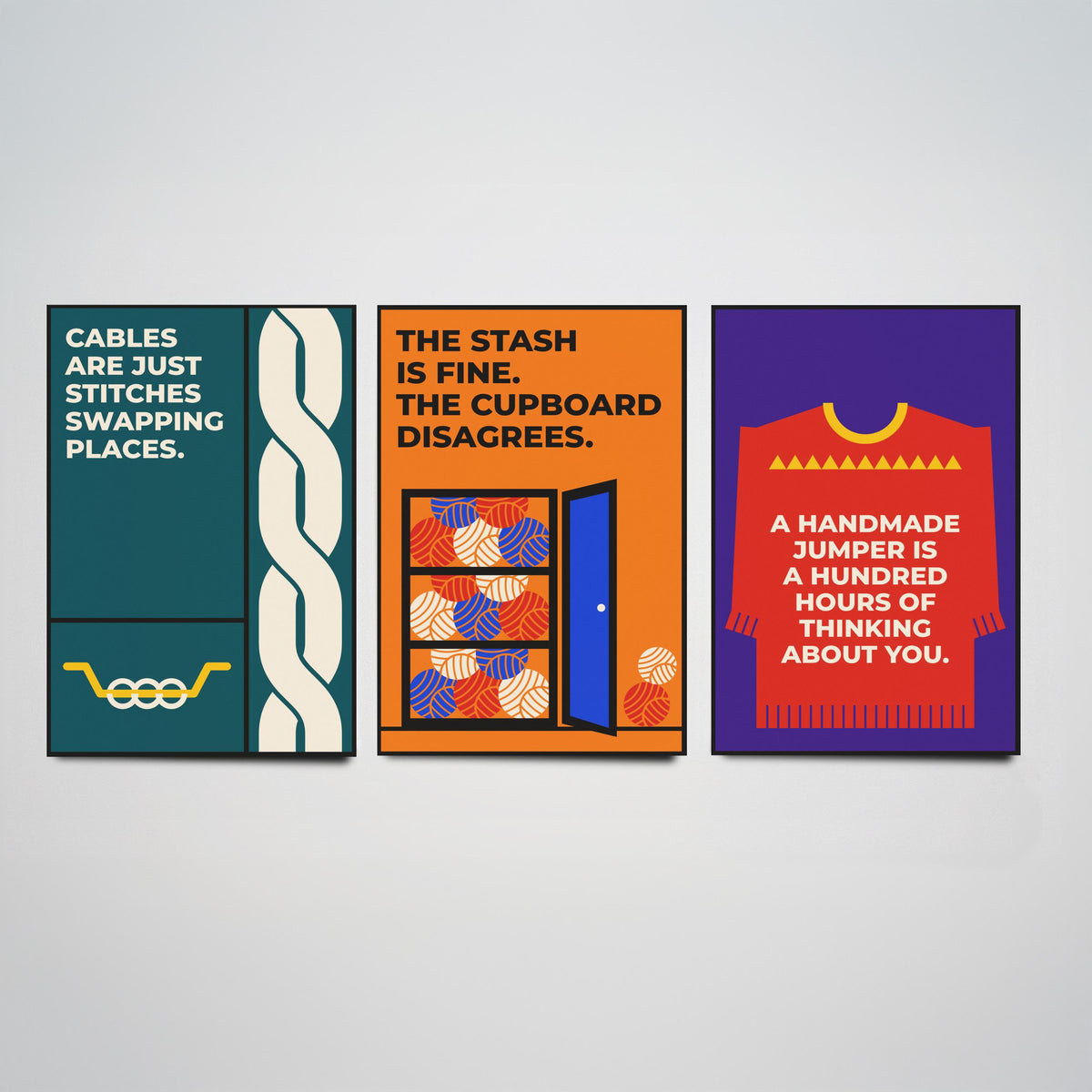 Knitting Quotes Set of Three Art Prints - 3 Retro Bauhaus Knitter Posters - Minimalist Craft Wall Art Illustration V2