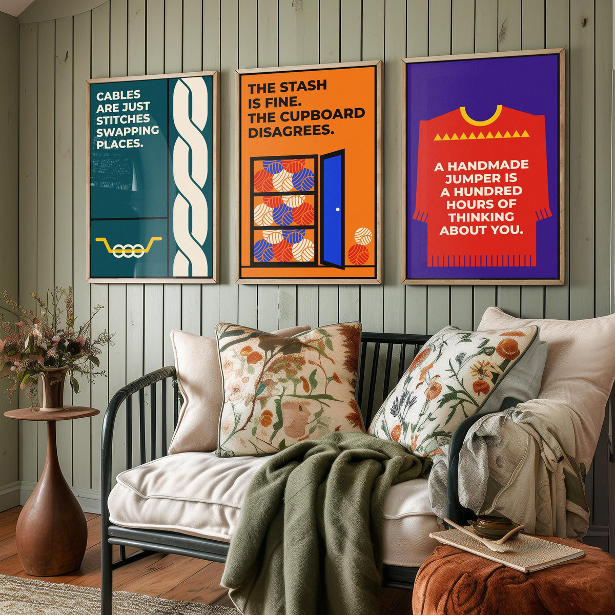 Knitting Quotes Set of Three Art Prints - 3 Retro Bauhaus Knitter Posters - Minimalist Craft Wall Art Illustration V2