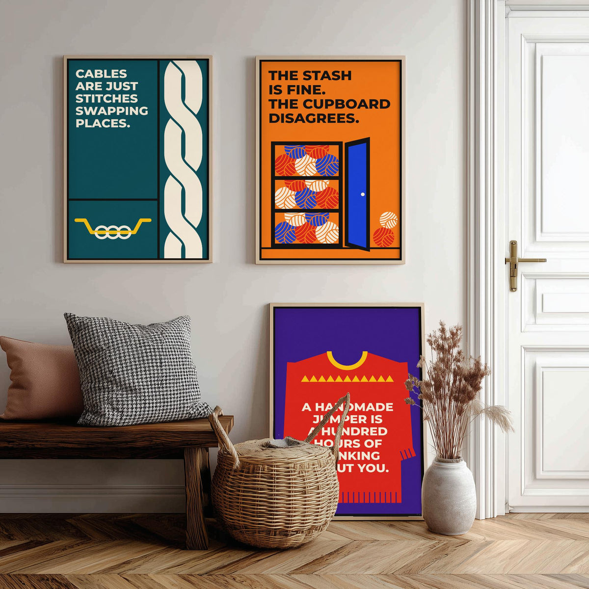 Knitting Quotes Set of Three Art Prints - 3 Retro Bauhaus Knitter Posters - Minimalist Craft Wall Art Illustration V2