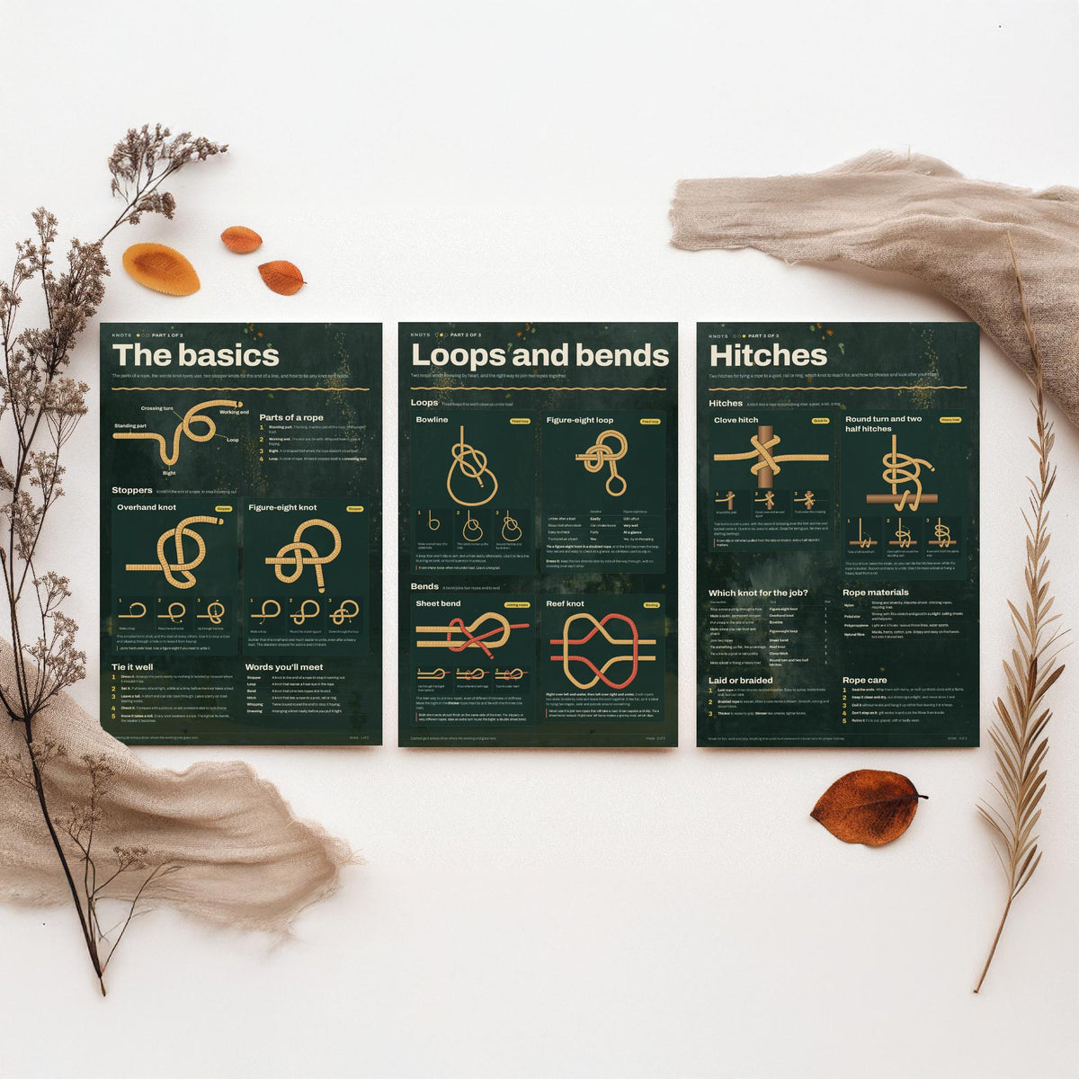 Knot Tying Guide Set of Three Art Prints - The Basics, Loops and Bends, Hitches - Sailing Knots Infographic Poster Illustration