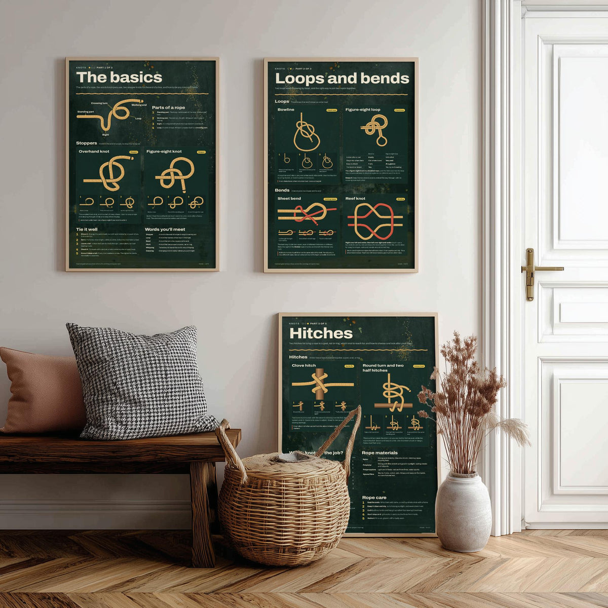 Knot Tying Guide Set of Three Art Prints - The Basics, Loops and Bends, Hitches - Sailing Knots Infographic Poster Illustration
