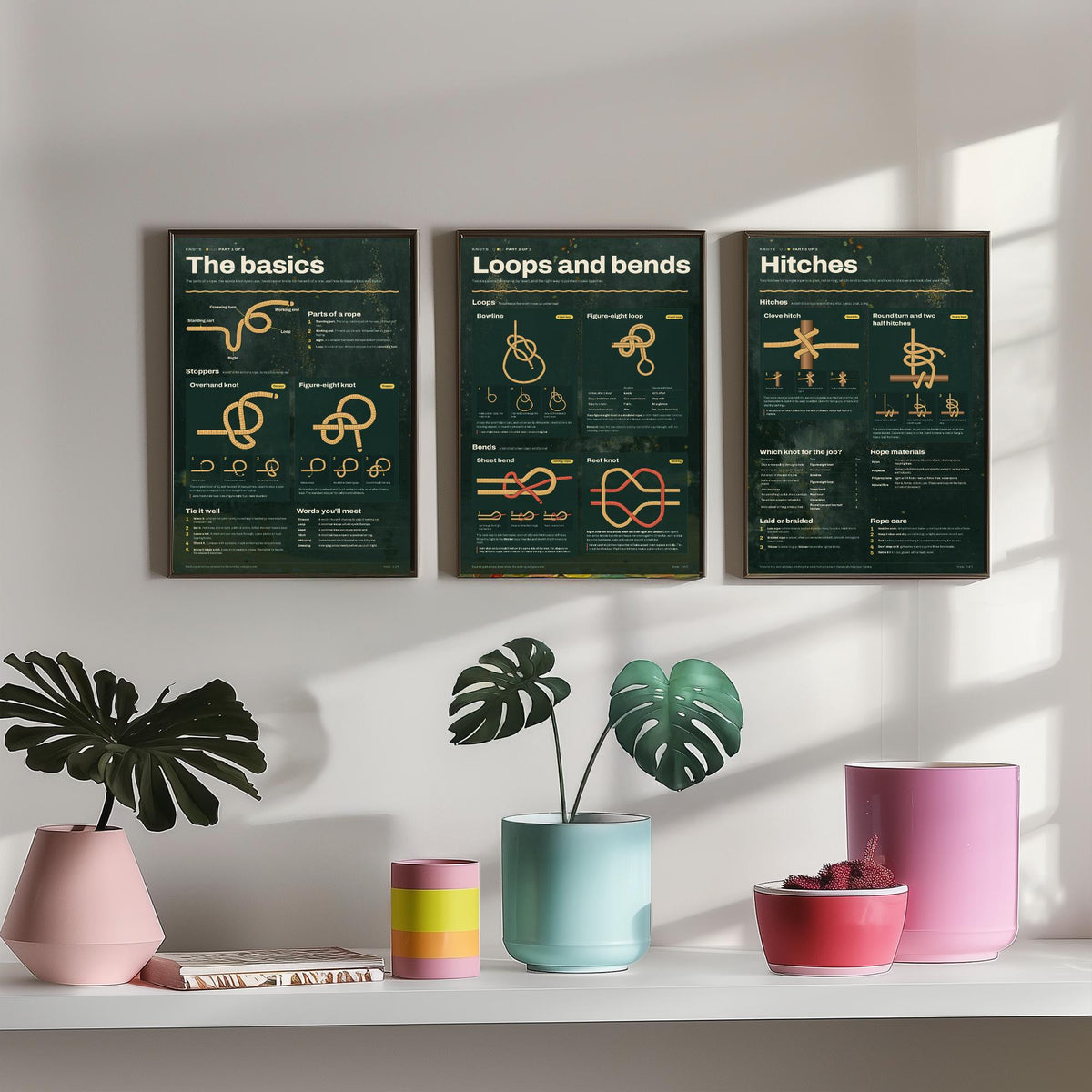 Knot Tying Guide Set of Three Art Prints - The Basics, Loops and Bends, Hitches - Sailing Knots Infographic Poster Illustration