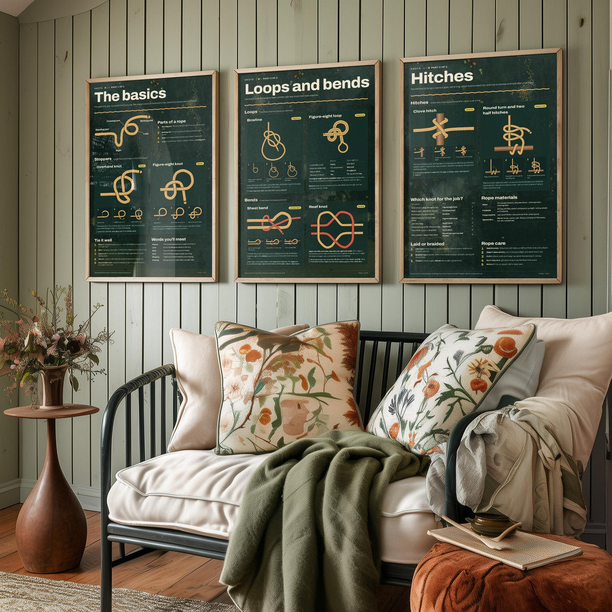 Knot Tying Guide Set of Three Art Prints - The Basics, Loops and Bends, Hitches - Sailing Knots Infographic Poster Illustration