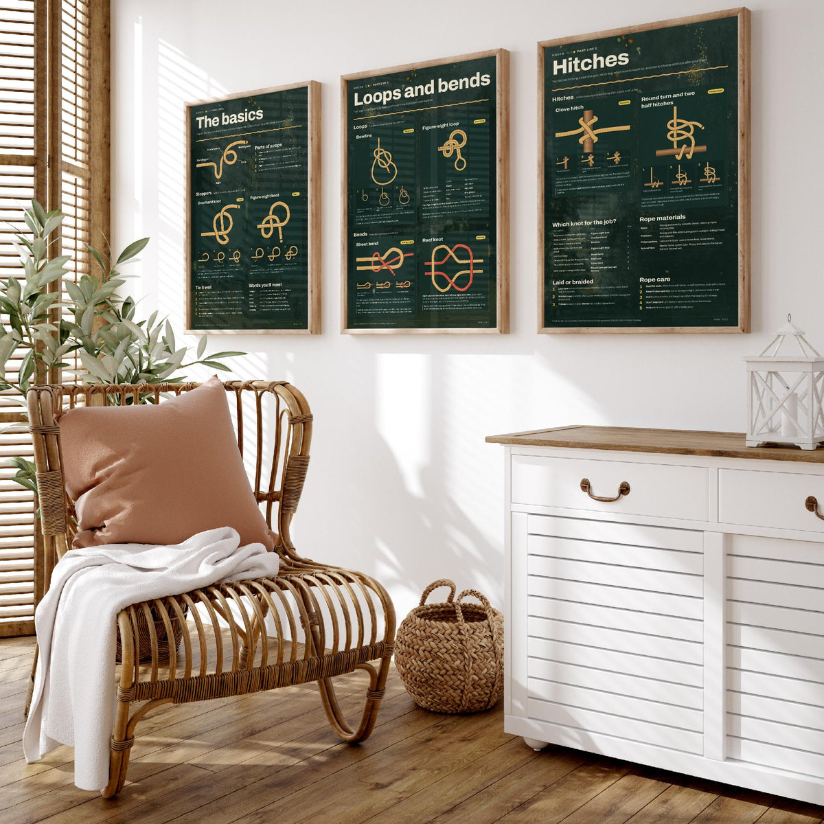 Knot Tying Guide Set of Three Art Prints - The Basics, Loops and Bends, Hitches - Sailing Knots Infographic Poster Illustration