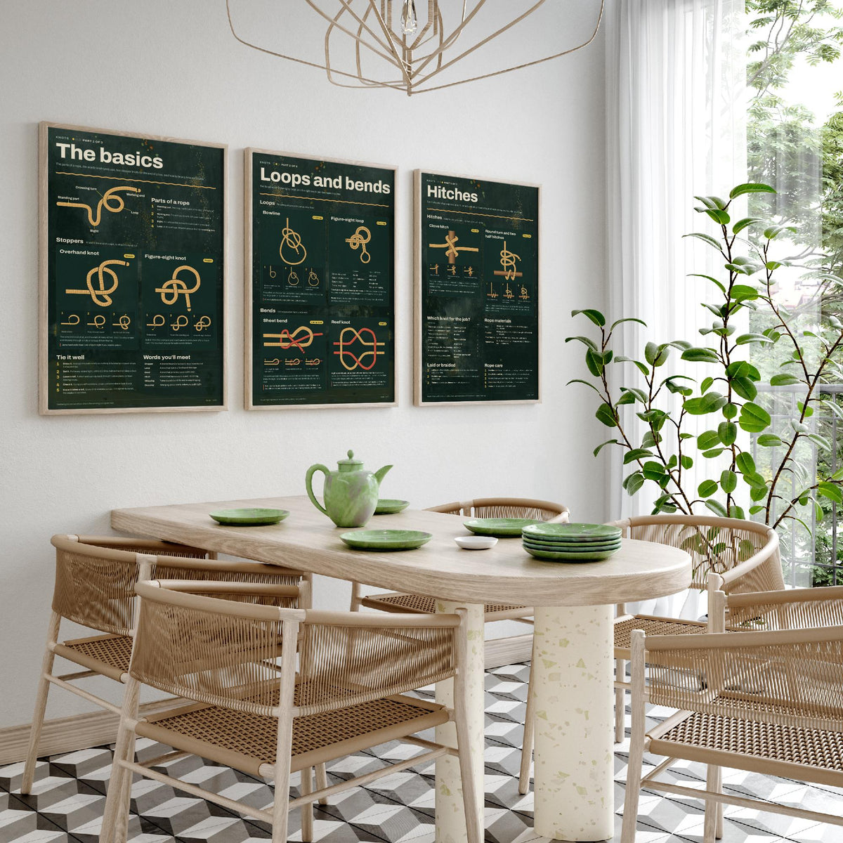 Knot Tying Guide Set of Three Art Prints - The Basics, Loops and Bends, Hitches - Sailing Knots Infographic Poster Illustration