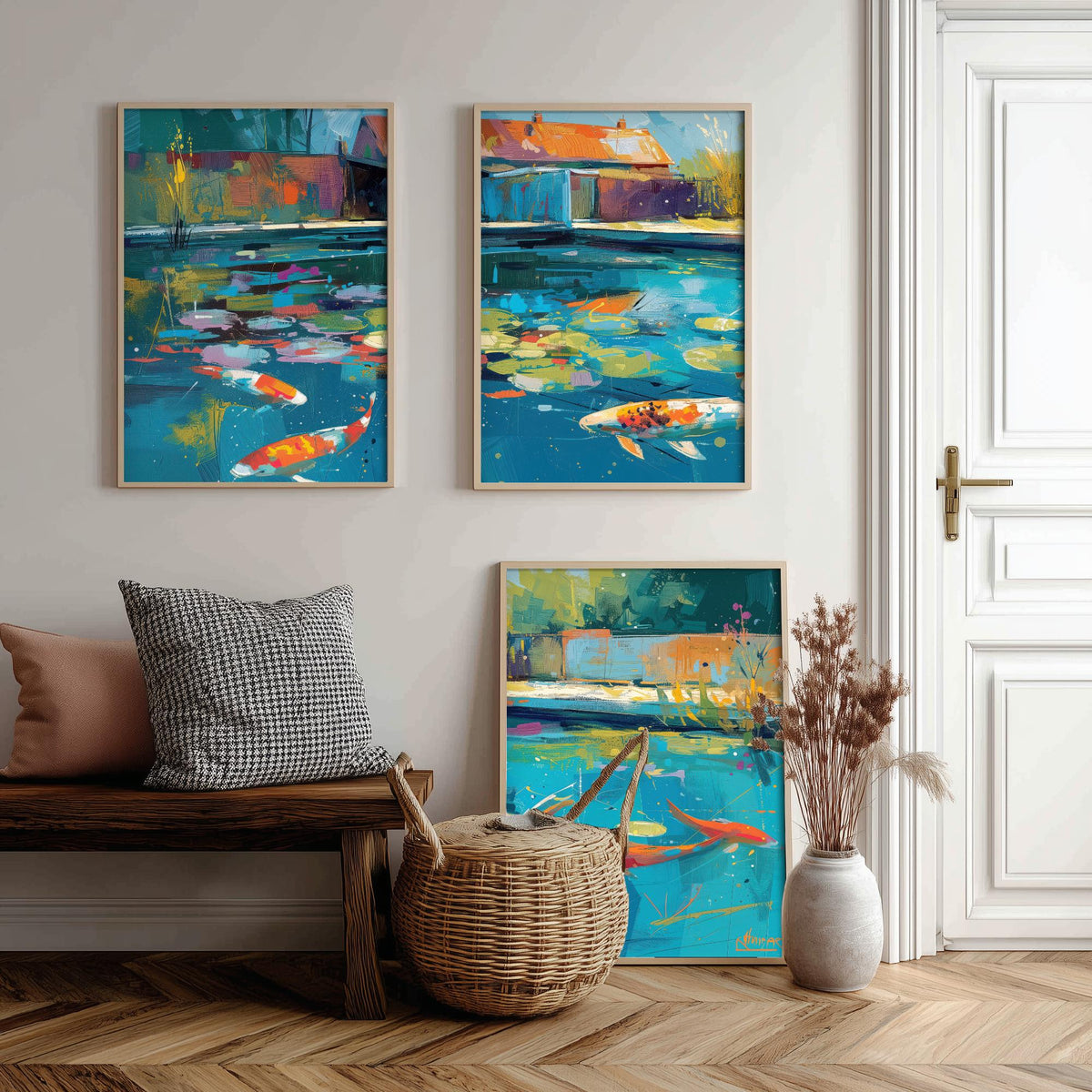 Koi Pond Set of Three Art Prints - 3 Japanese Fish Painting Posters - Colourful Wall Art Gift Water Garden Zen Brushstroke Nature Decor