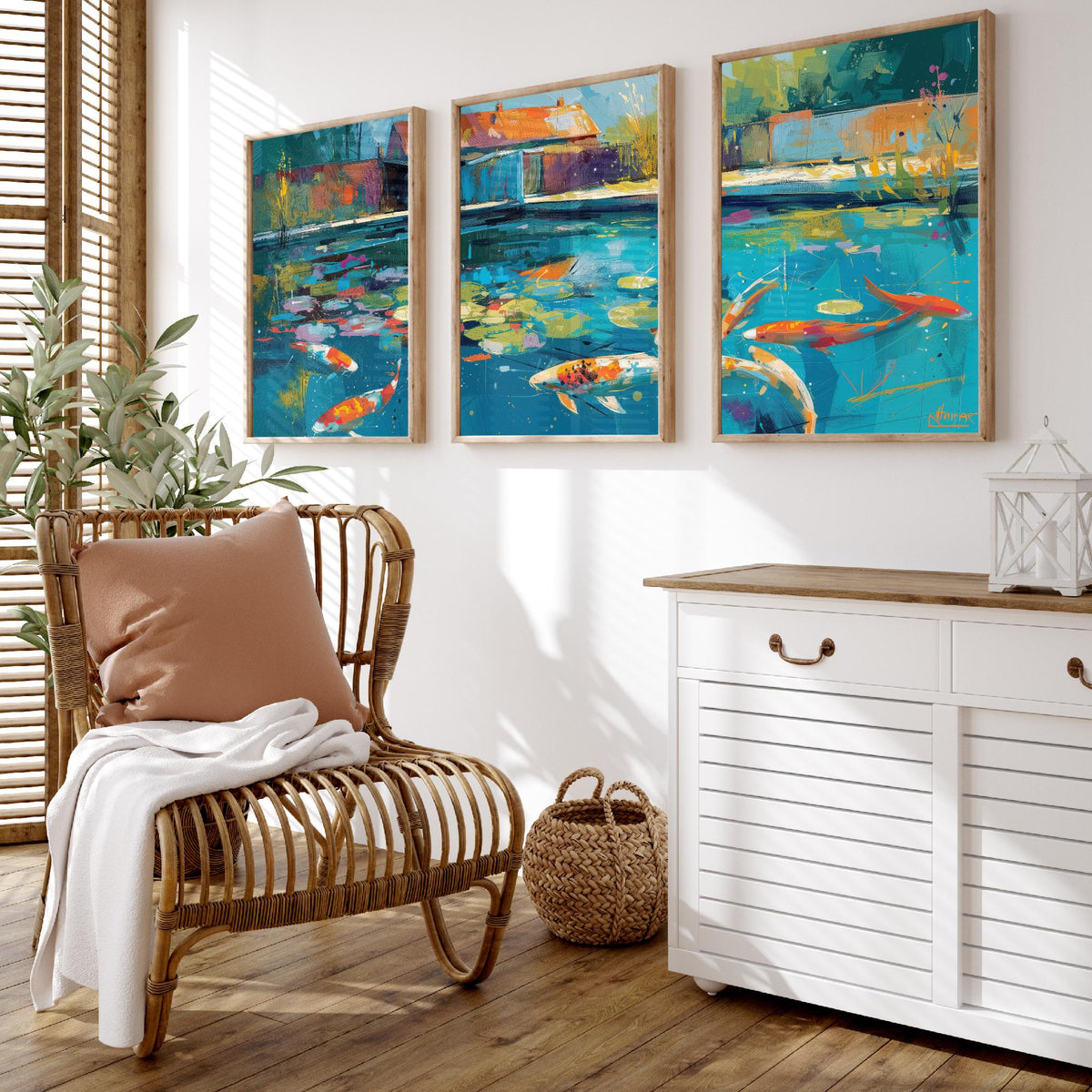 Koi Pond Set of Three Art Prints - 3 Japanese Fish Painting Posters - Colourful Wall Art Gift Water Garden Zen Brushstroke Nature Decor