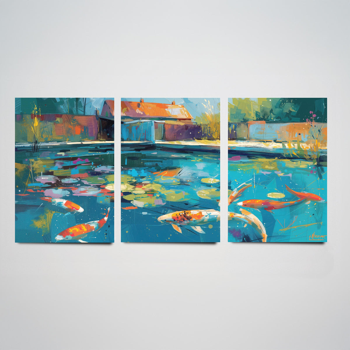 Koi Pond Set of Three Art Prints - 3 Japanese Fish Painting Posters - Colourful Wall Art Gift Water Garden Zen Brushstroke Nature Decor
