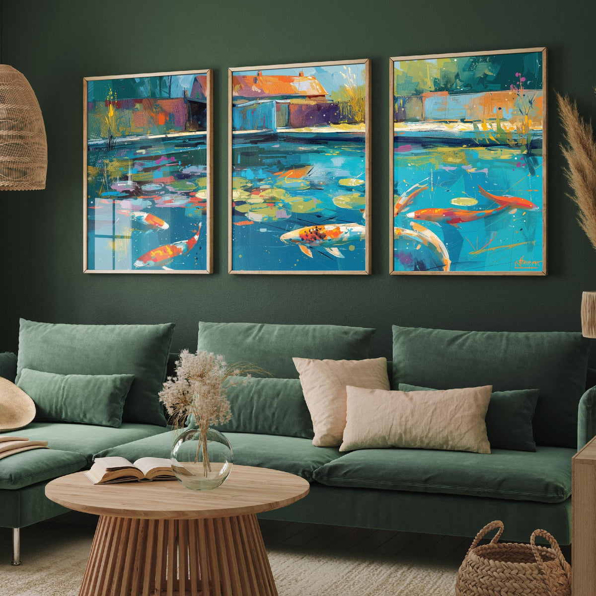 Koi Pond Set of Three Art Prints - 3 Japanese Fish Painting Posters - Colourful Wall Art Gift Water Garden Zen Brushstroke Nature Decor
