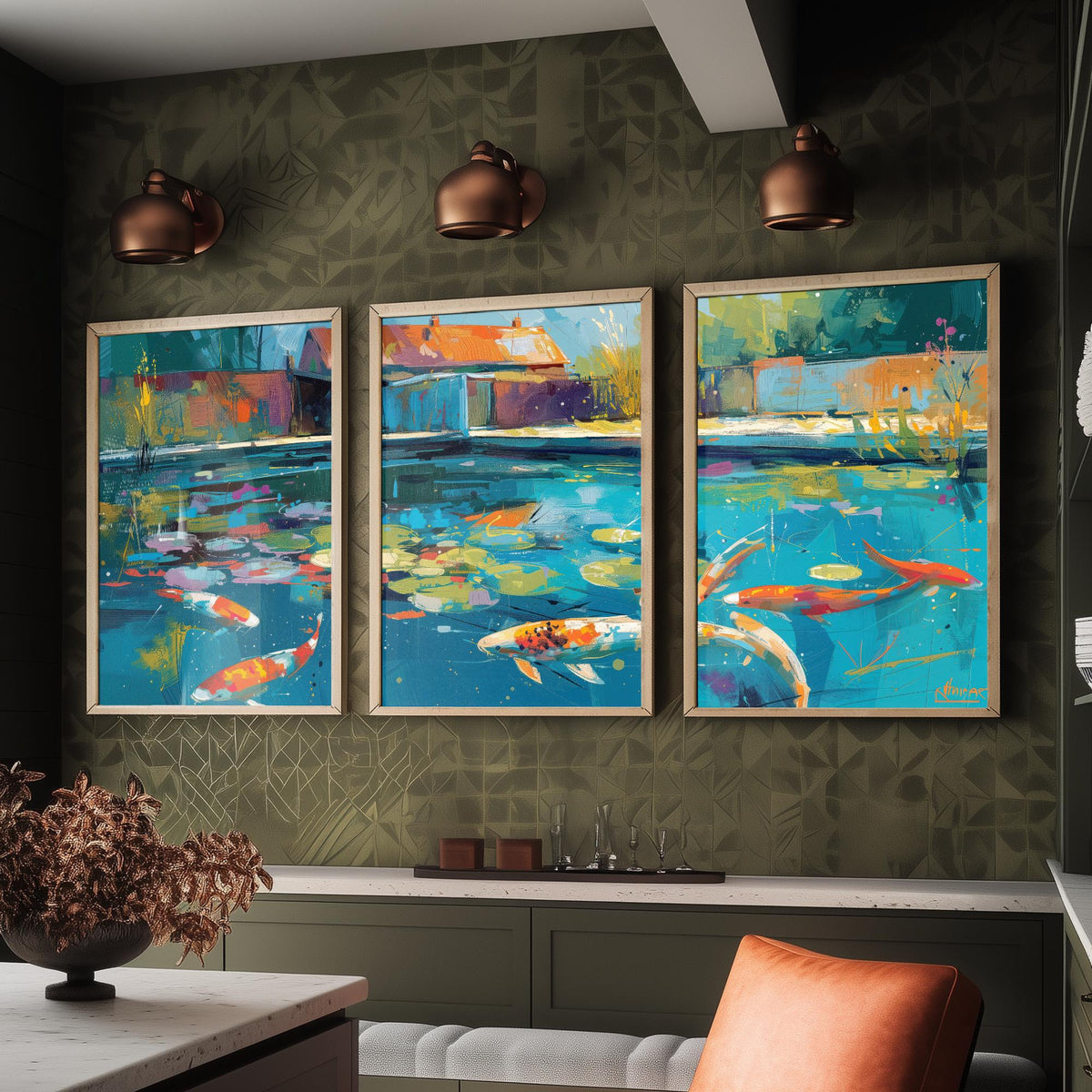 Koi Pond Set of Three Art Prints - 3 Japanese Fish Painting Posters - Colourful Wall Art Gift Water Garden Zen Brushstroke Nature Decor