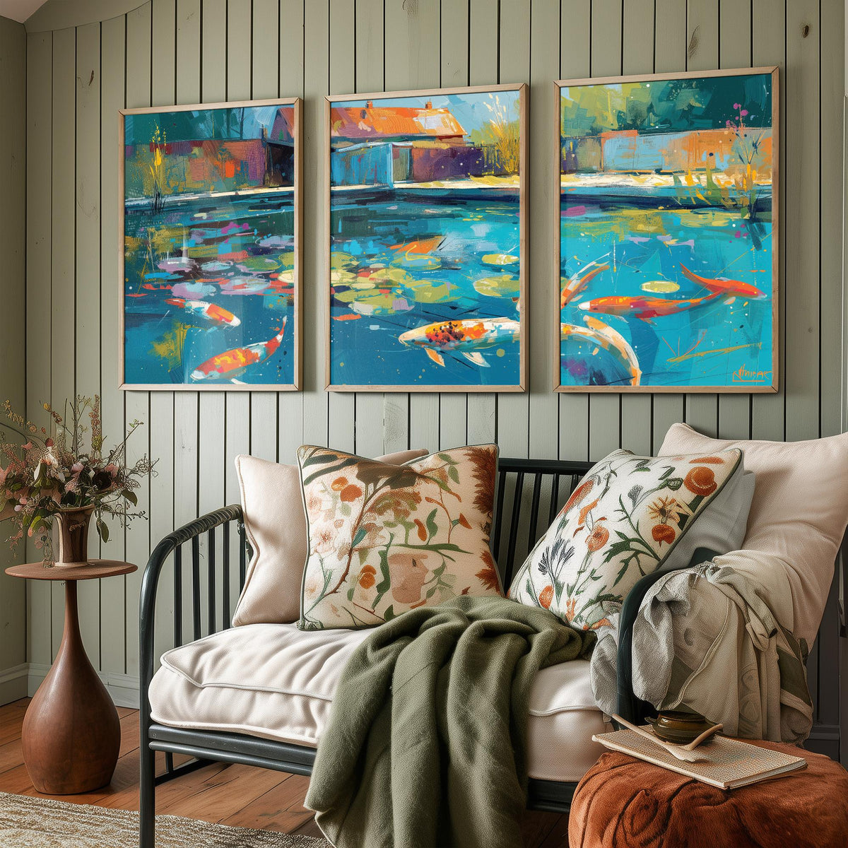 Koi Pond Set of Three Art Prints - 3 Japanese Fish Painting Posters - Colourful Wall Art Gift Water Garden Zen Brushstroke Nature Decor