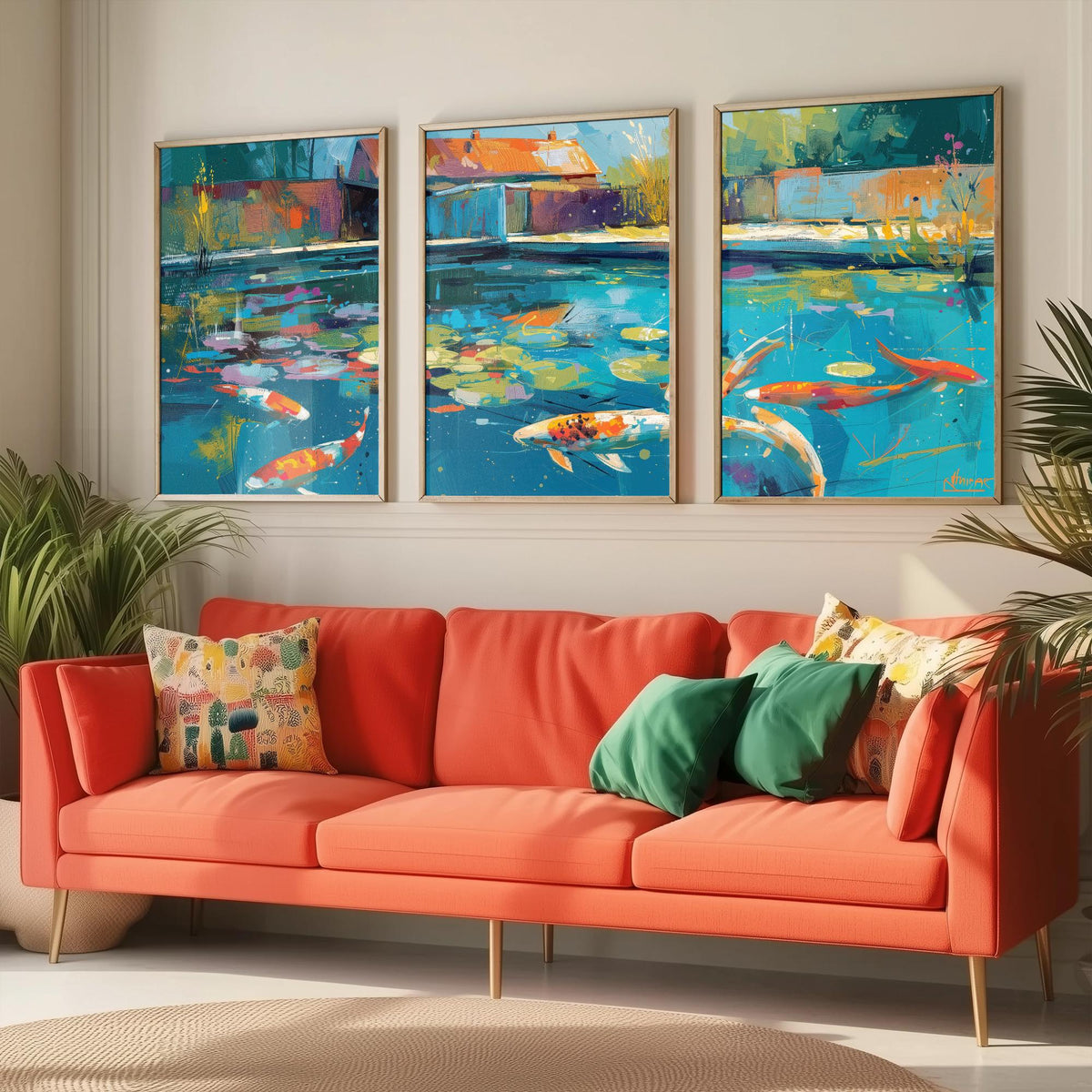 Koi Pond Set of Three Art Prints - 3 Japanese Fish Painting Posters - Colourful Wall Art Gift Water Garden Zen Brushstroke Nature Decor