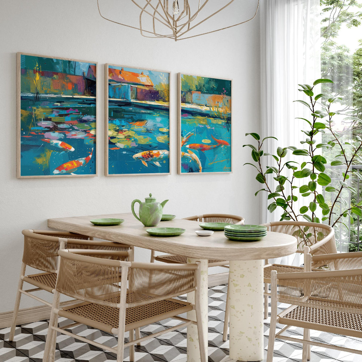 Koi Pond Set of Three Art Prints - 3 Japanese Fish Painting Posters - Colourful Wall Art Gift Water Garden Zen Brushstroke Nature Decor