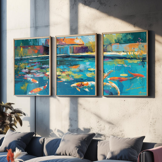 Koi Pond Set of Three Art Prints - 3 Japanese Fish Painting Posters - Colourful Wall Art Gift Water Garden Zen Brushstroke Nature Decor