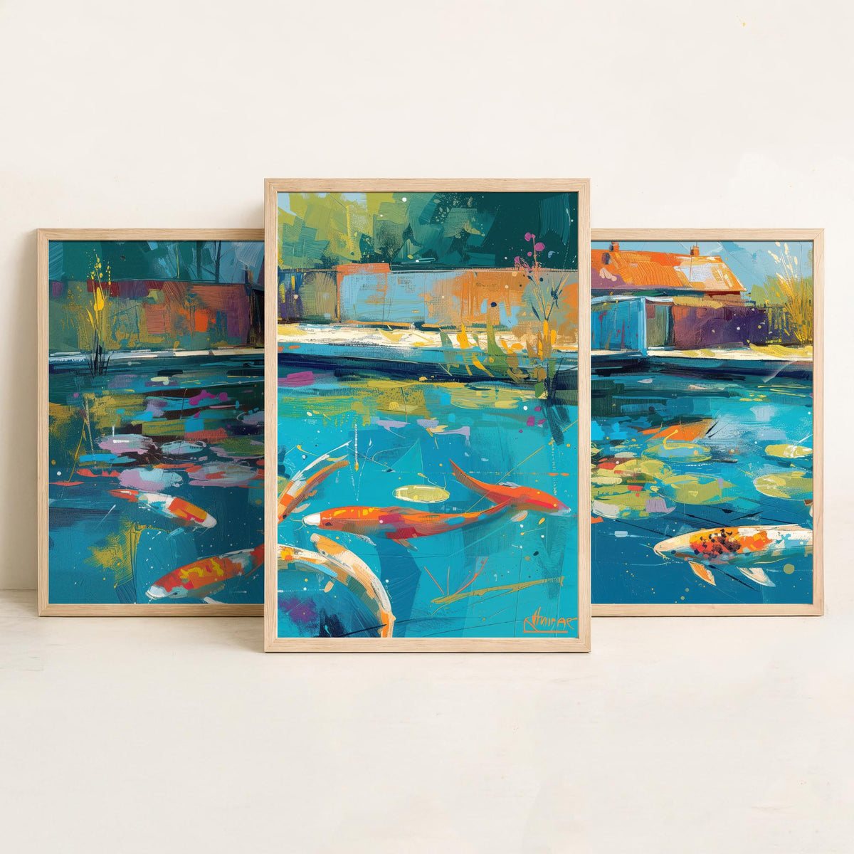 Koi Pond Set of Three Art Prints - 3 Japanese Fish Painting Posters - Colourful Wall Art Gift Water Garden Zen Brushstroke Nature Decor